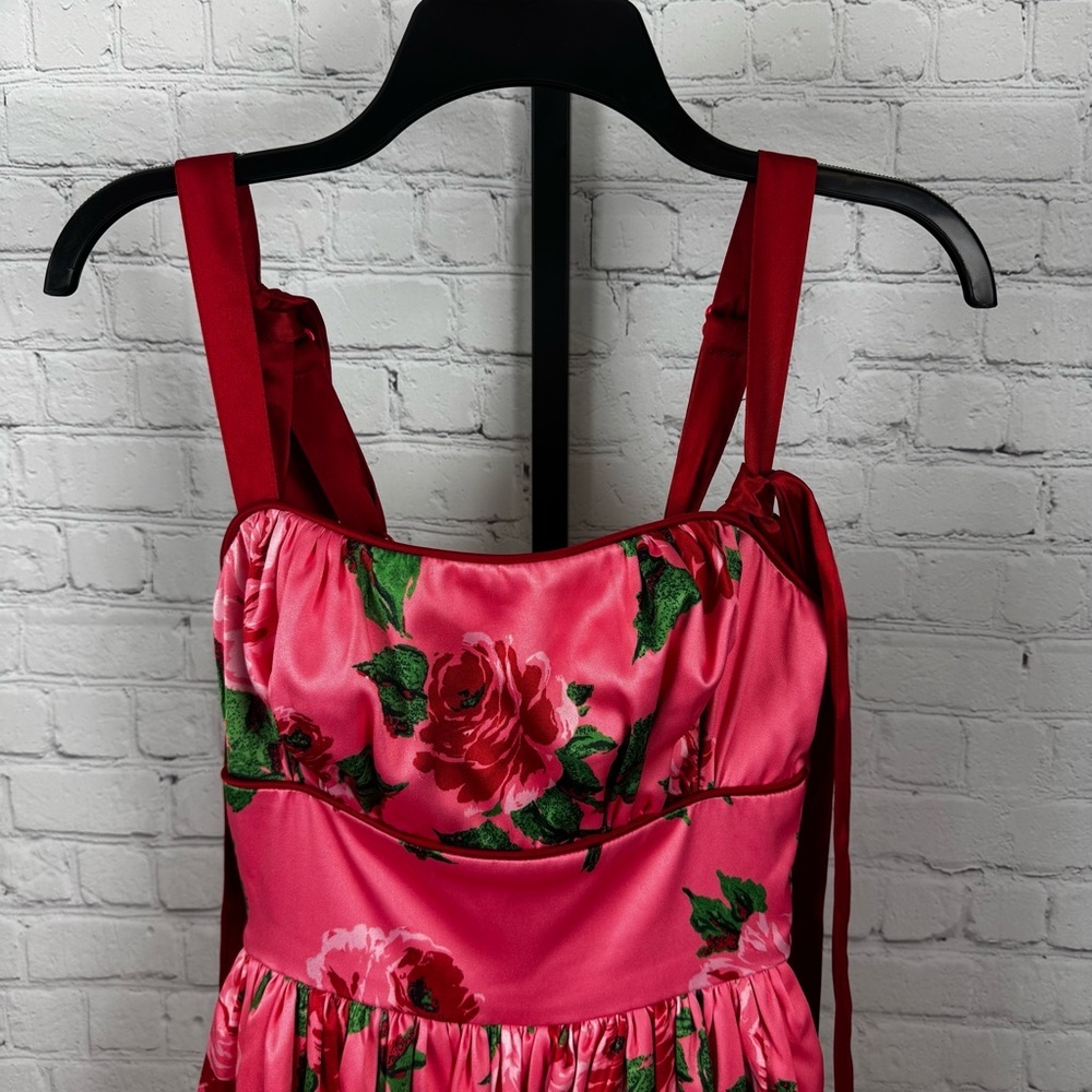Vixen by Micheline Pitt Pink Floral Fit-and-Flare Dress with Red Straps - Picture 2 of 10
